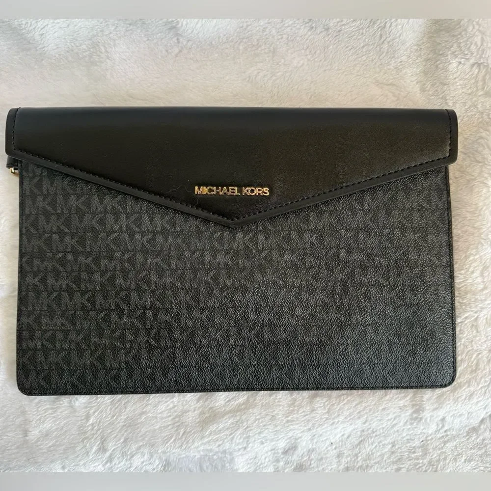 Michael Kors Black and Gray Monogram Envelope Style Clutch/Wristlet